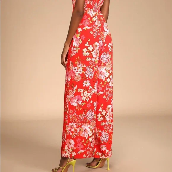 Red Floral Print Tie-Strap Jumpsuit - Picture 2 of 4